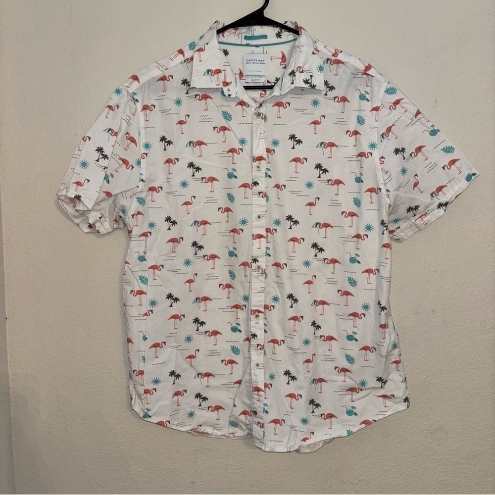 Cactus Man White Flamingo Print Shirt, size XL